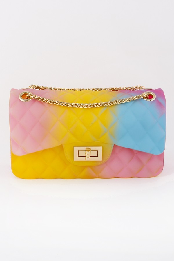 Rainbow Rubber Quilted Bag With Gold Crossbody Chain - Depop